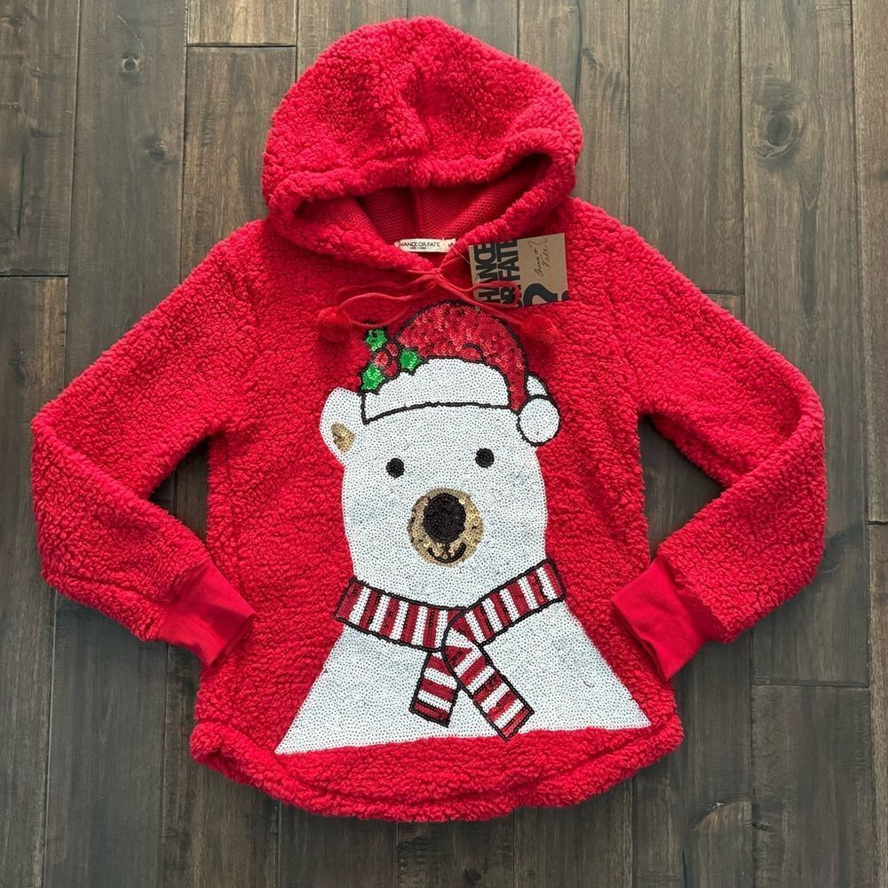 Chance or Fate Red Fleece Sequins Polar Bear Hoodie Jr. S NWT